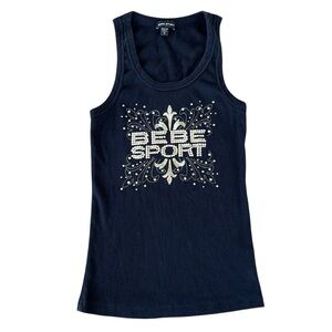 Vintage 90s Y2K Bebe Sport Fleur de Lis Bling Embellished Tank Top Black Med USA